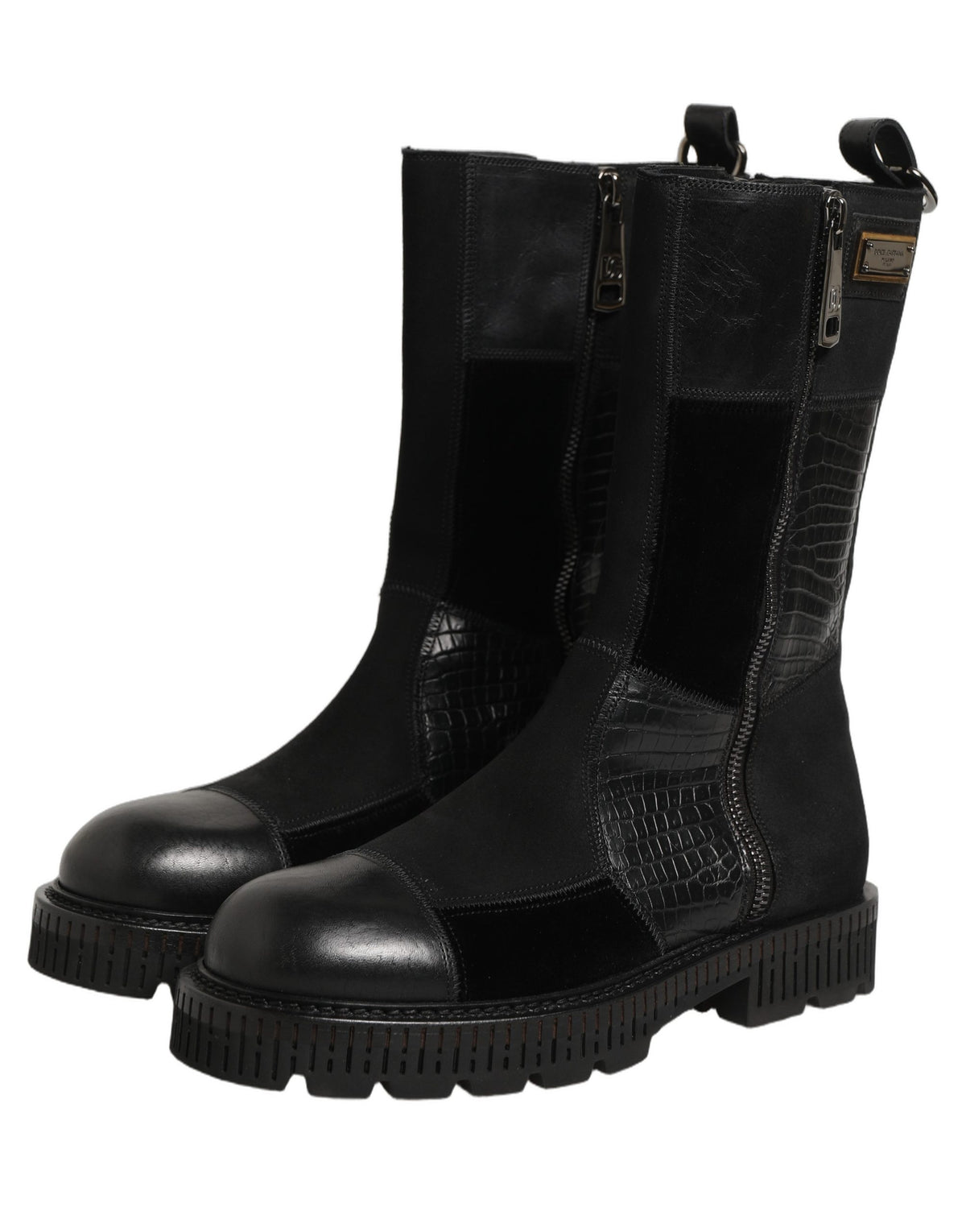 Dolce & Gabbana Black Patchwork Leather Mid Calf Boots Shoes