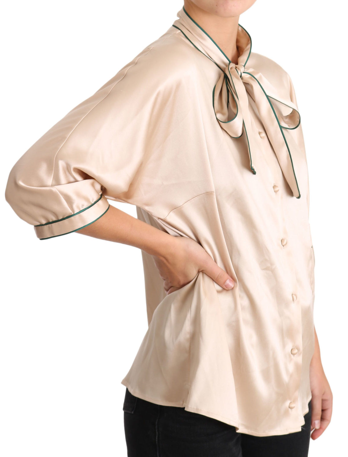 Dolce & Gabbana Beige Ribbon Silk Stretch Top Blouse