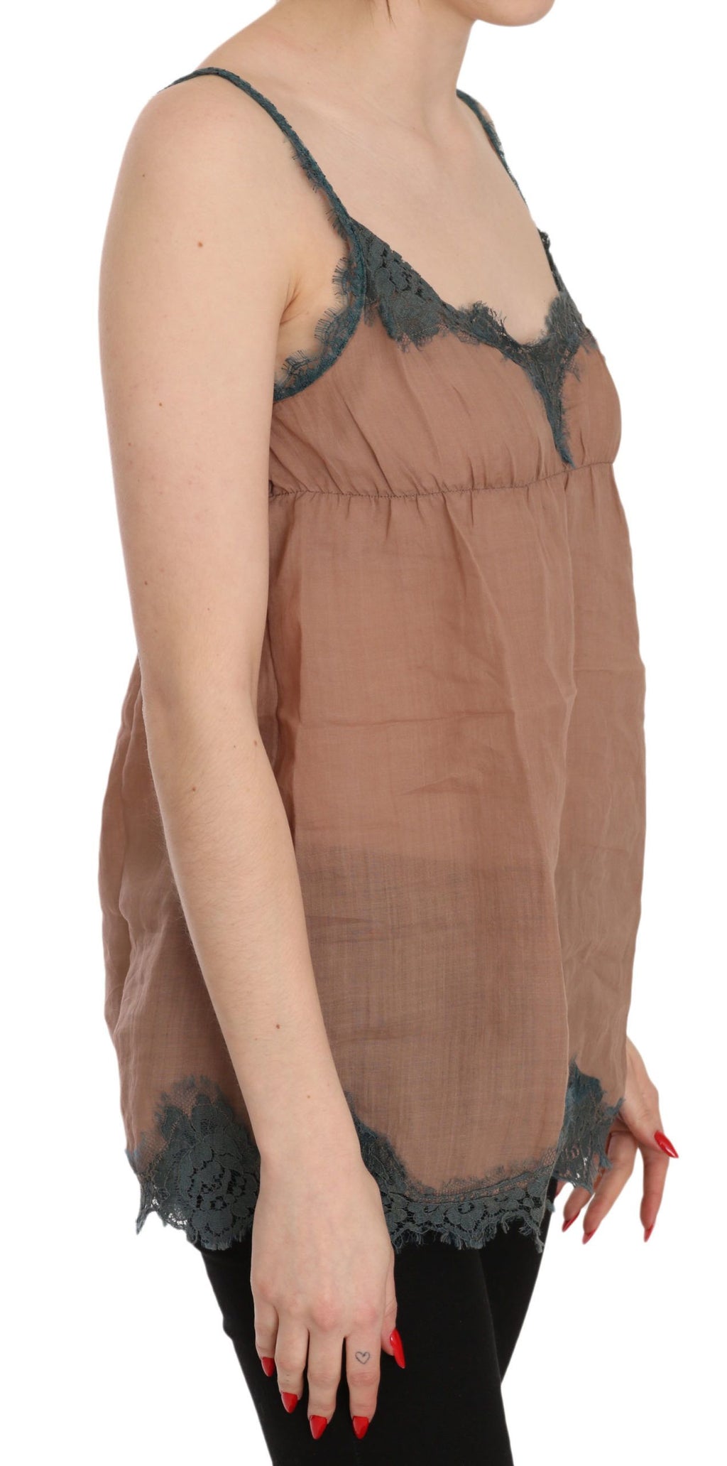 PINK MEMORIES Brown Lace Spaghetti Strap Tank Top Blouse