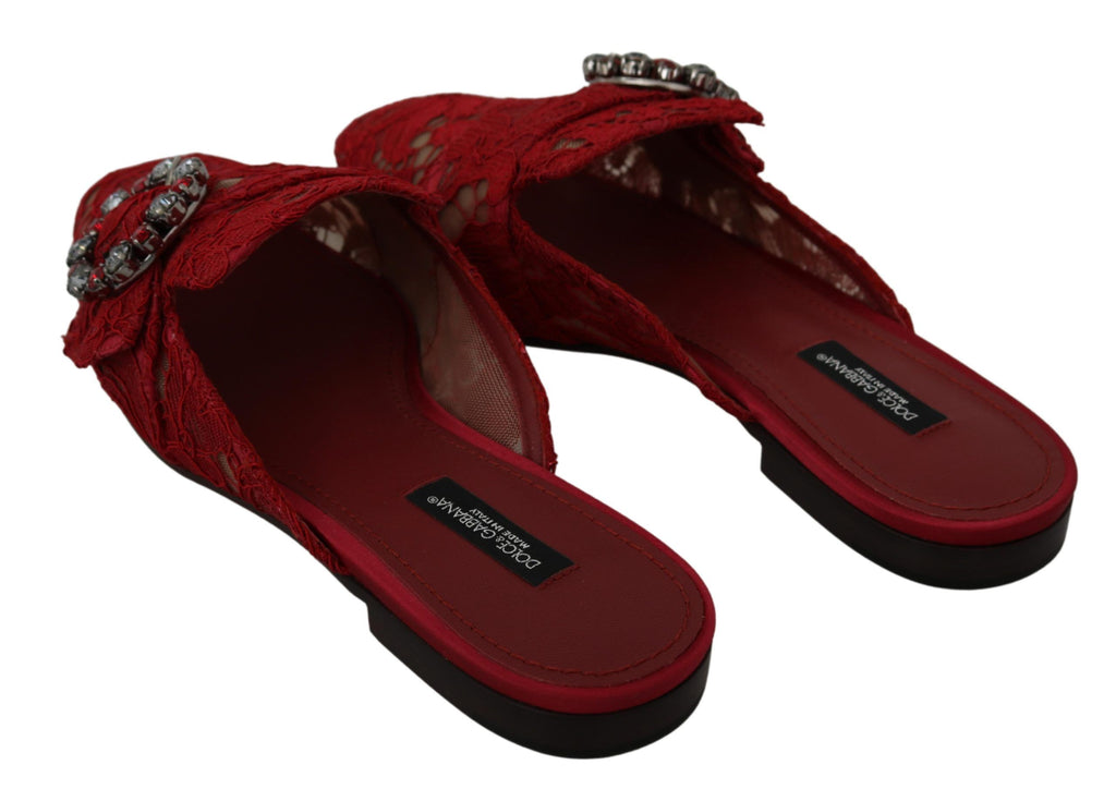 Dolce & Gabbana Red Lace Crystal Slide On Flats Shoes
