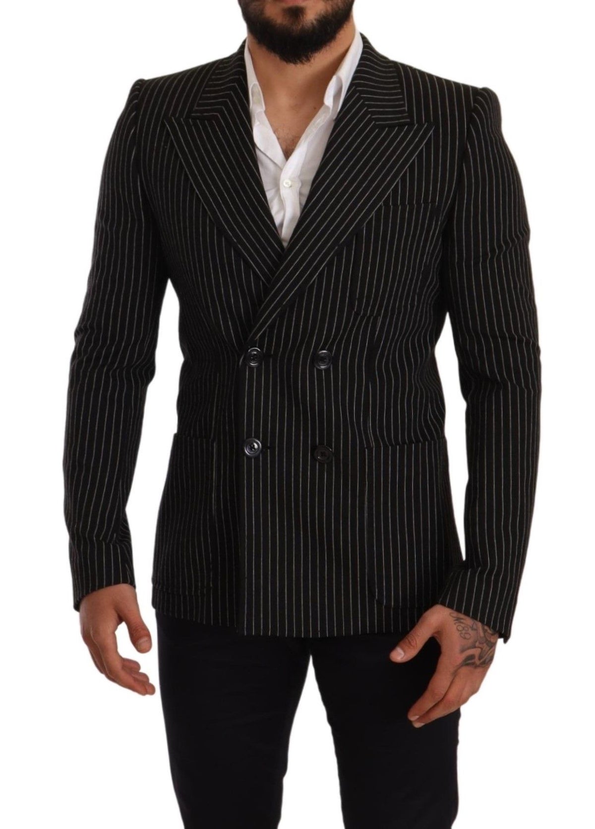 Dolce & Gabbana Dark Gray White Striped Slim Fit Coat Blazer