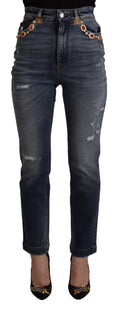 Dolce & Gabbana Blue Denim Crystal Embellished Pants Jeans
