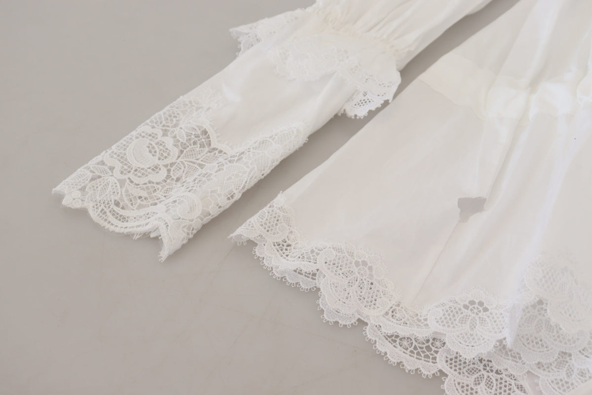 Dolce & Gabbana White Cotton Lace Trim Turtle Neck Blouse Top
