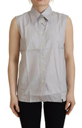 Ferre Light Gray Stripes Cotton Sleeveless Collared Top