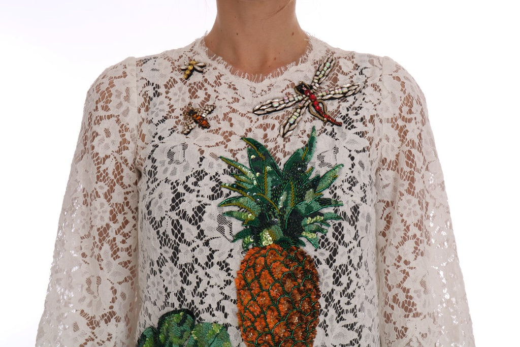 Dolce & Gabbana White Crystal Embellished Lace Blouse