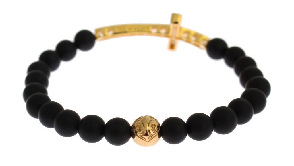 Nialaya Matte Onyx Stone Gold CZ Cross 925 Silver Bracelet