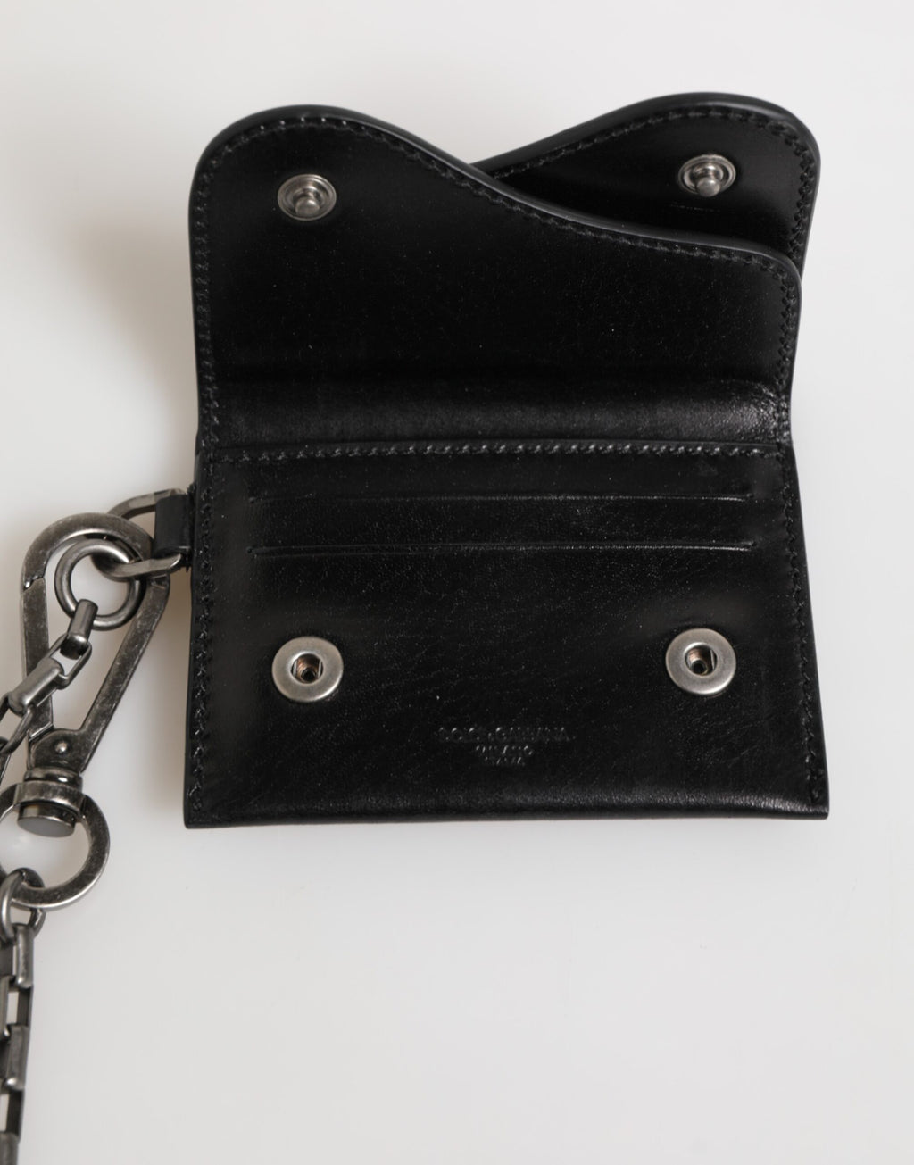 Dolce & Gabbana Black Cavallo Leather Wallet Chain Snap Bifold Card Holder