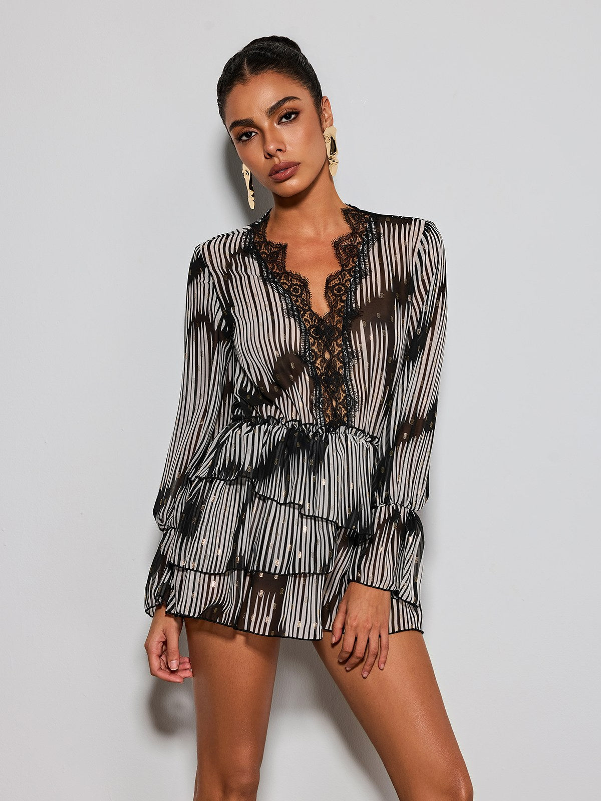 Erasto Flare Sleeve Lace Printed Mini Dress
