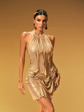 Alinka Halterneck Ruched Mini Dress In Gold
