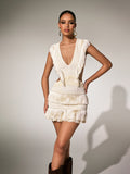 Pmyth V Neck Fringe Cutout Knitted Mini Dress