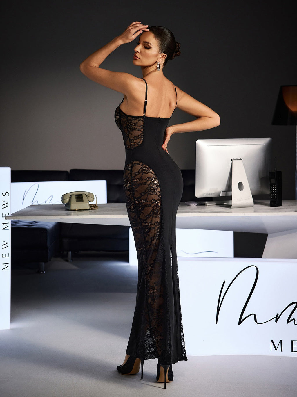 Velyxra Spaghetti Lace Maxi Dress In Black
